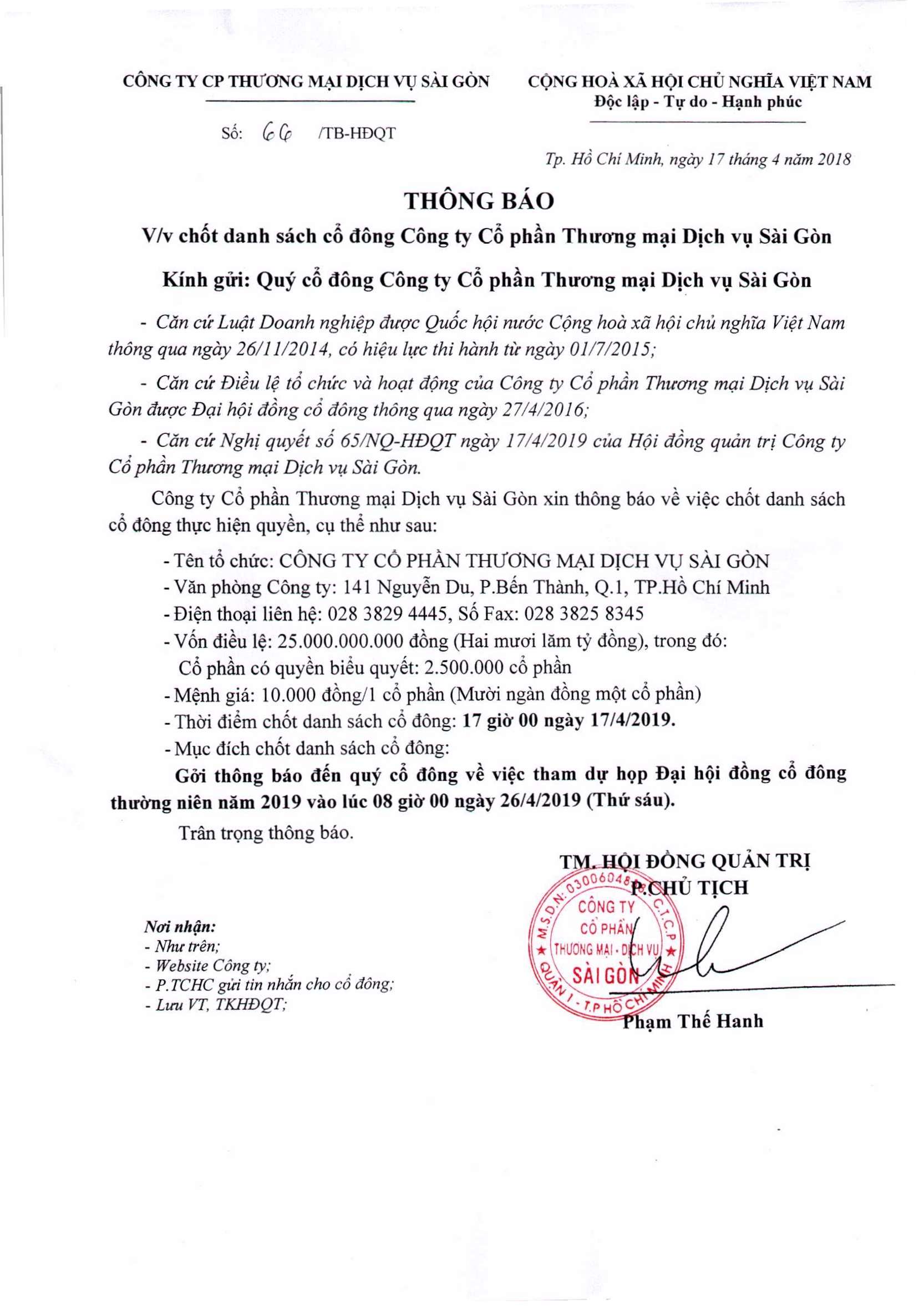 Thông báo chốt danh sách cổ đông Công ty CPTMDV Sài Gòn số 66 ngày 17-4-2019