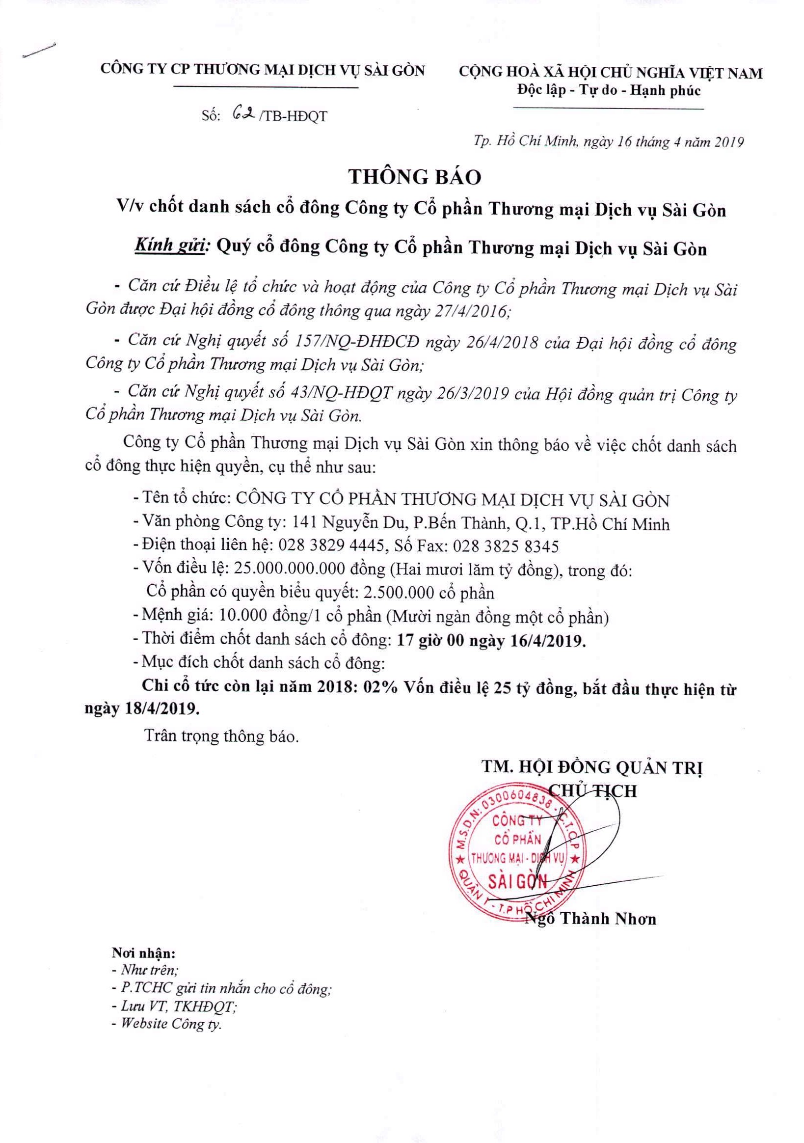 Thông báo vv chốt danh sách cổ đông Công ty CP TM DV Sài Gòn