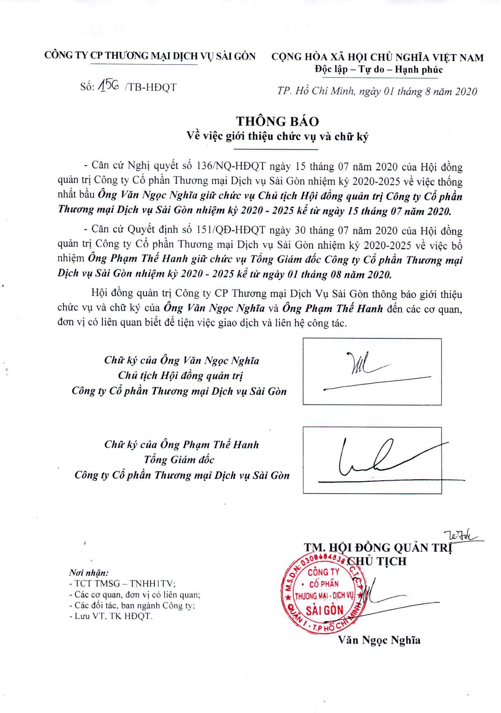 Thông báo giới thiệu chức vụ và chữ ký ông Văn Ngọc Nghĩa, Ông Phạm Thế Hanh (1)